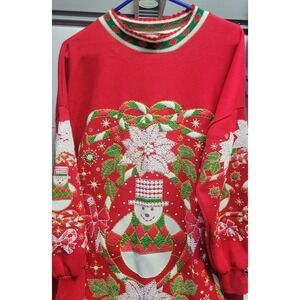 Vtg Bold Spirit‎ Red Snowman Poinsettia Christmas Sweater pajamas  nightgown M